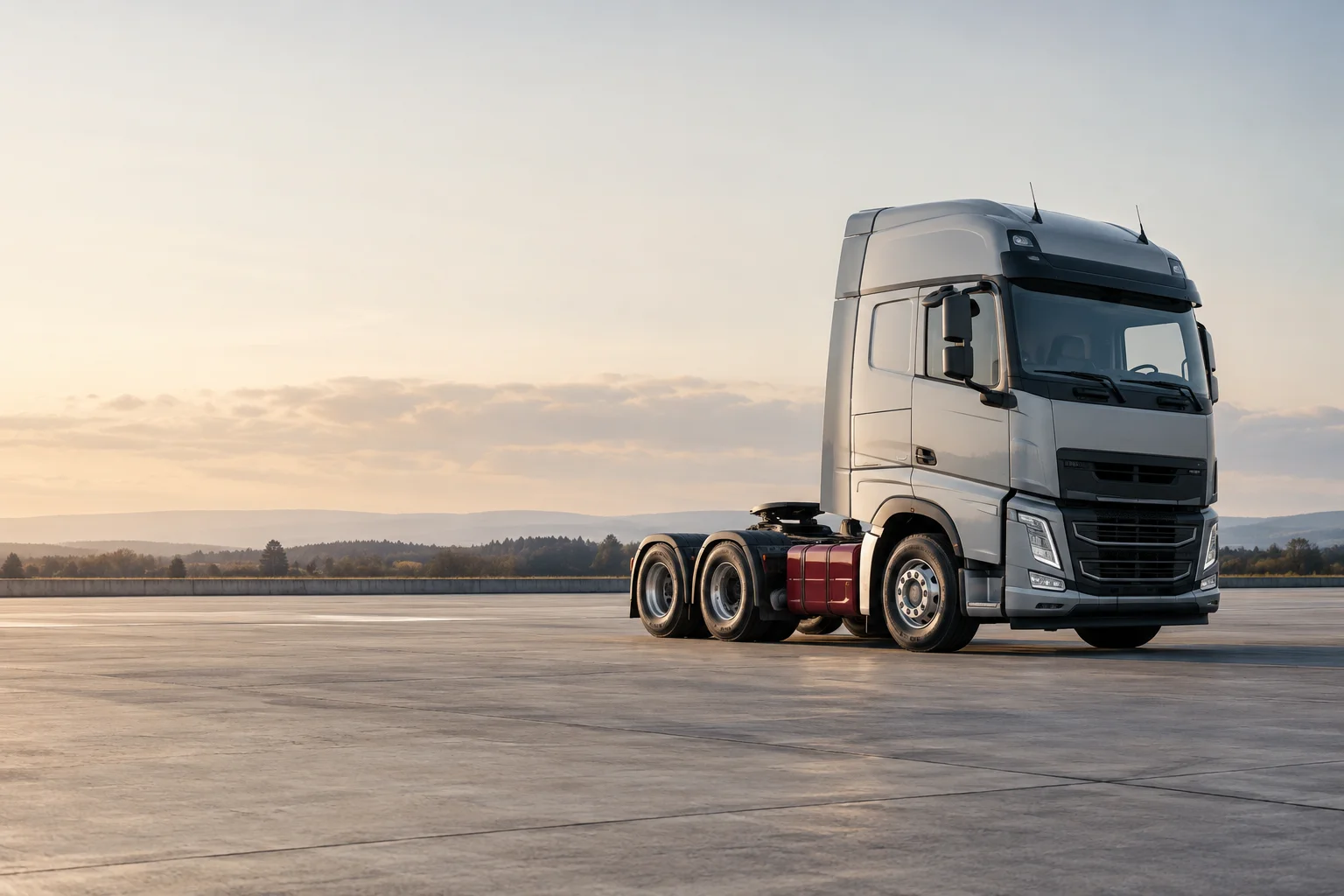 An unbranded pale-grey commercial truck cab on an expansive quiet concrete test apron, one small burgundy service panel, soft horizon and industrial realism.