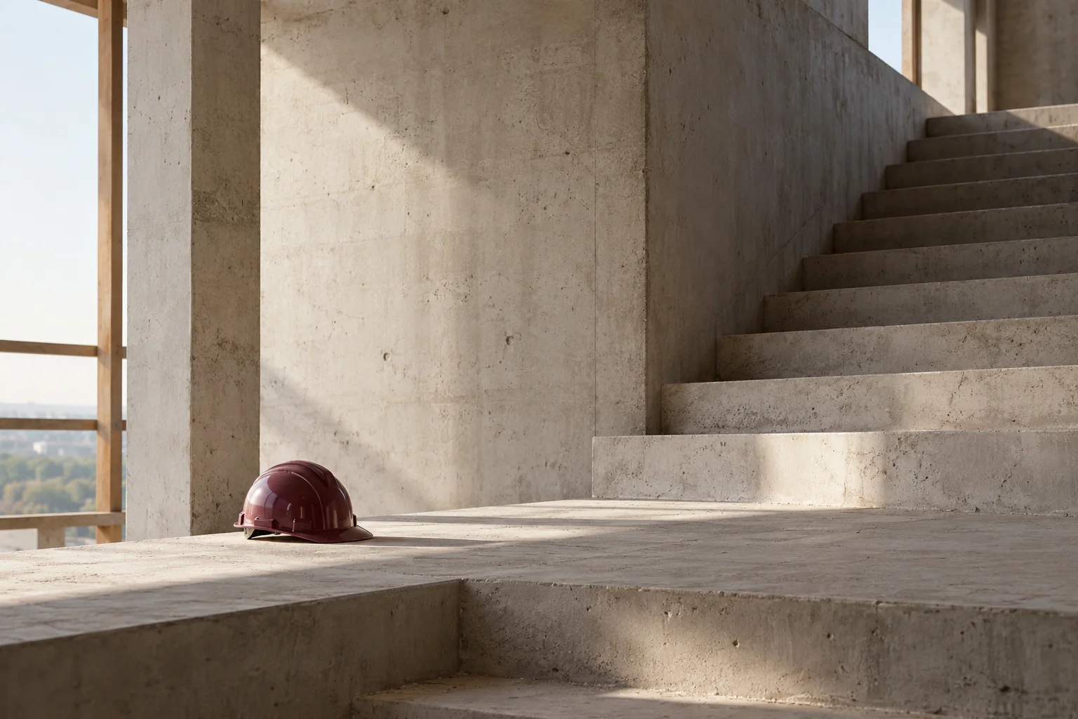 An unfinished pale concrete stair and a single burgundy hard hat on a wide landing, calm architectural construction photograph, no workers or signs.