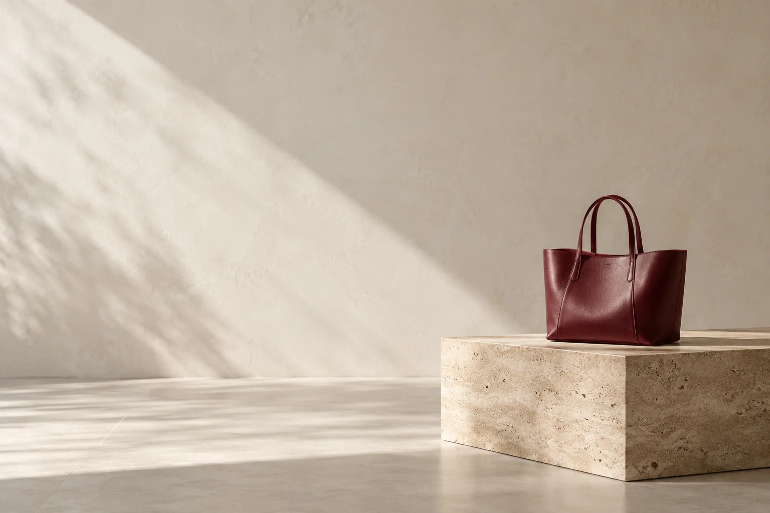 An unbranded burgundy leather tote on a travertine display plinth.