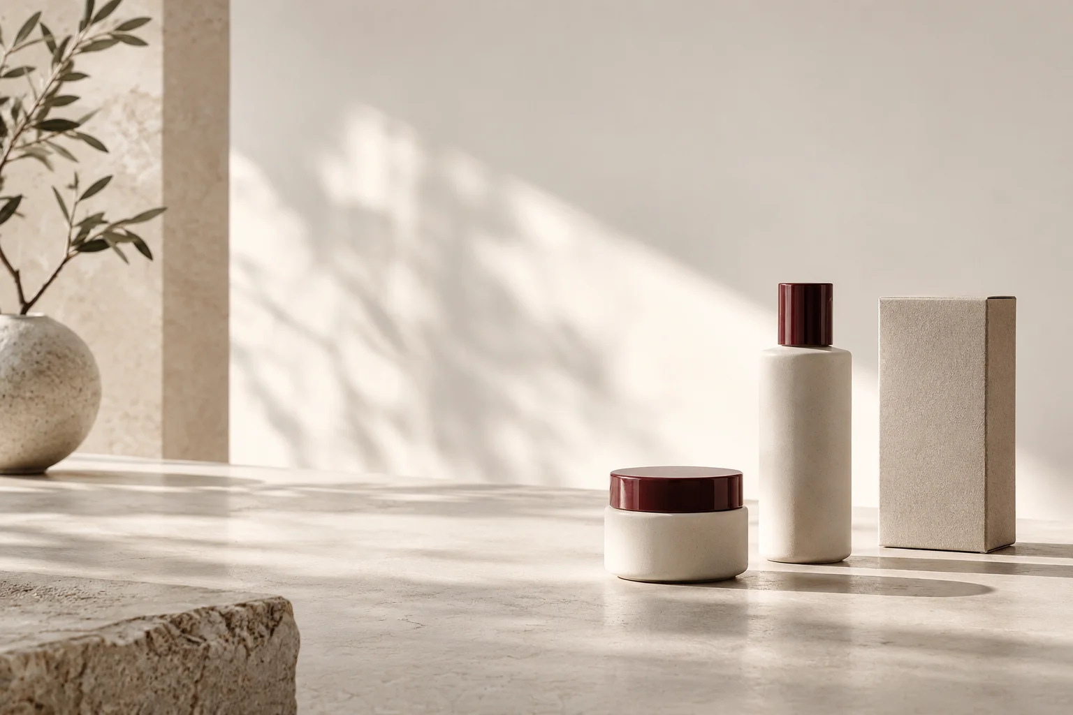 Three deliberately simple unbranded consumer packages in ivory ceramic and pale recycled board, one small burgundy cap, arranged on an expansive warm-white display surface.