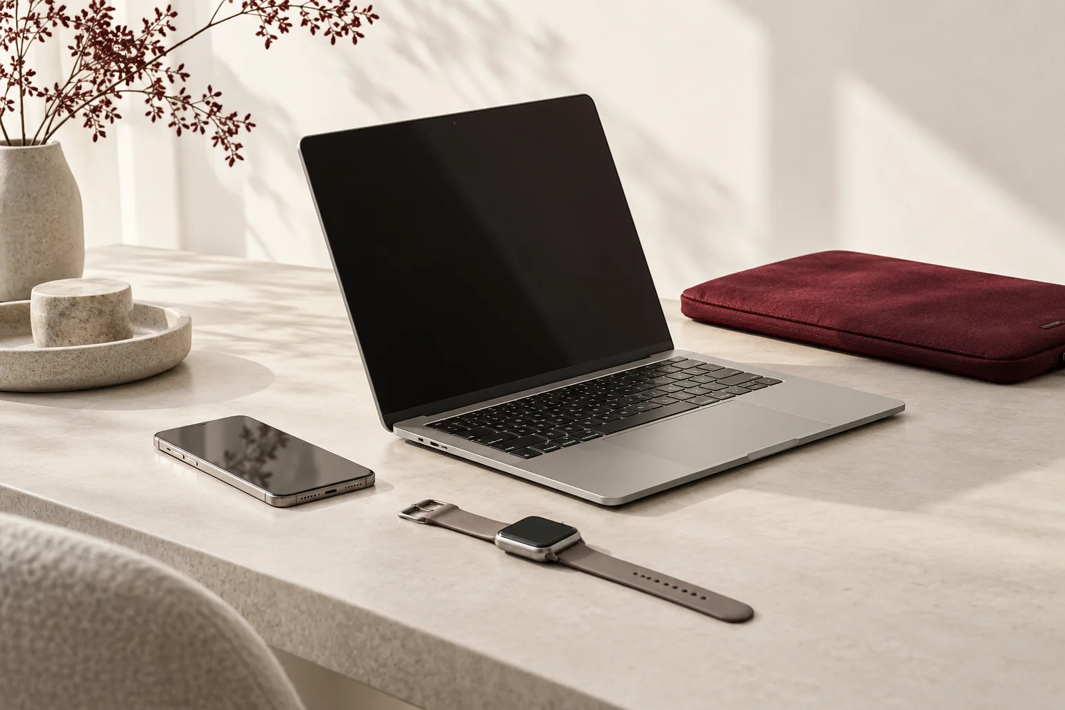 An unbranded laptop, smartphone and smartwatch on a pale design-studio desk.