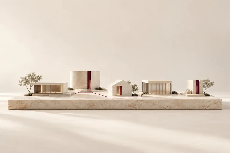 Distinct architectural models share a stone plinth, linked by a fine burgundy line.