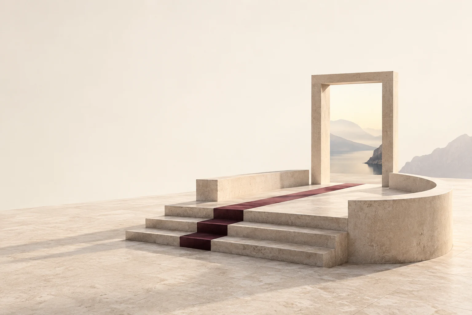 A stone viewing platform and tall portal aligned along a burgundy route.