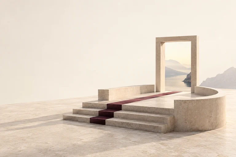 A stone viewing platform and tall portal aligned along a burgundy route.