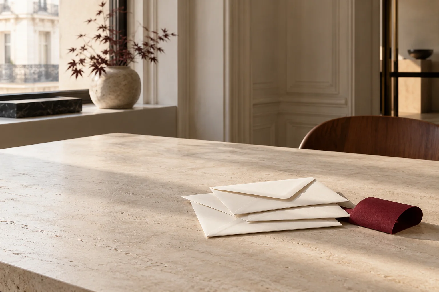 Three neatly arranged unmarked ivory correspondence envelopes and one narrow burgundy paper band on a vast pale stone desk, quiet office architecture beyond.