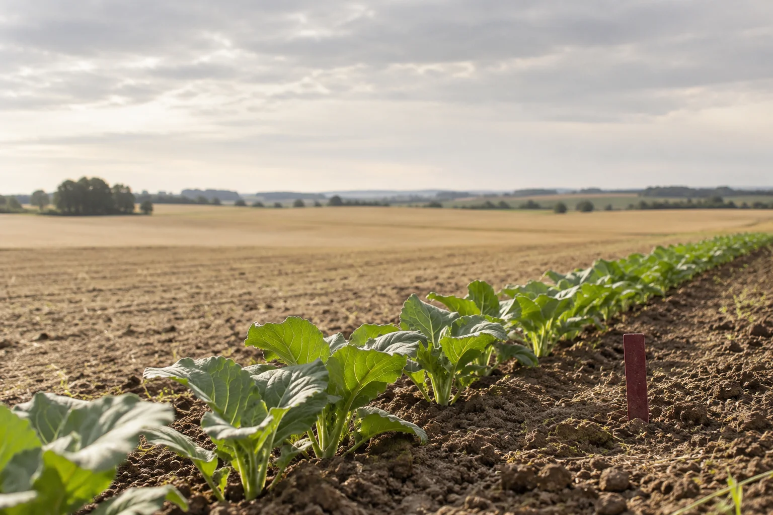 A single precisely planted row of young leafy crops at the edge of an expansive pale agricultural field, a small burgundy field marker, softly overcast daylight.