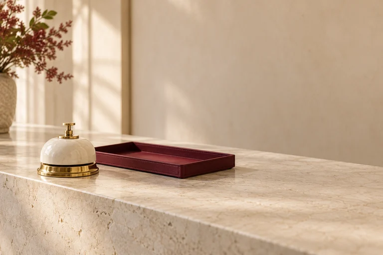 An ivory service bell beside a burgundy tray on a quiet limestone counter.