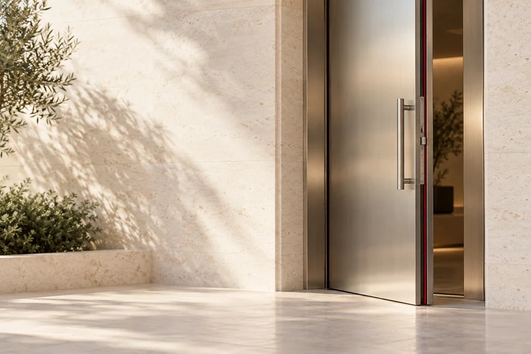 A modern metal security door with a narrow burgundy seal in pale stone surroundings.