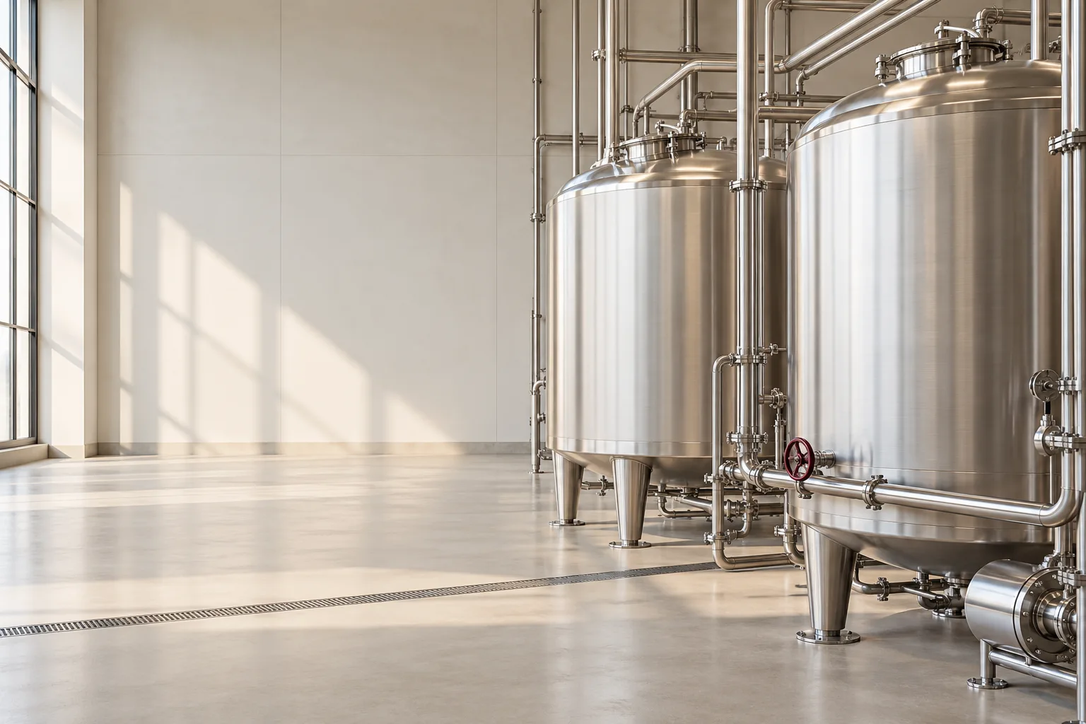 Stainless steel dairy tanks and sanitary pipework beside an open pale factory floor.