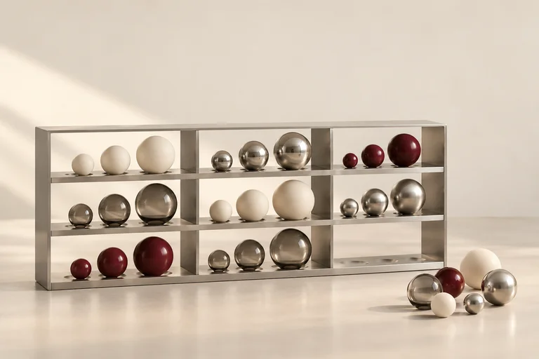 Spheres grouped by material and size on a metal shelf, with burgundy accents and a small unsorted cluster beside it, illustrating data governance.