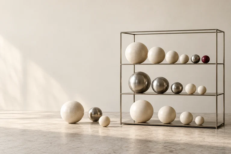 Spheres ordered by size on a metal shelf, with a burgundy sphere marking one group.