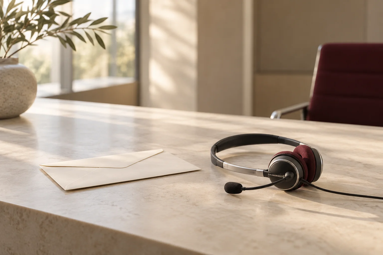 A single discreet professional telephone headset with a small burgundy ear cushion beside one closed unmarked correspondence envelope on a large pale desk, humane calm service setting.