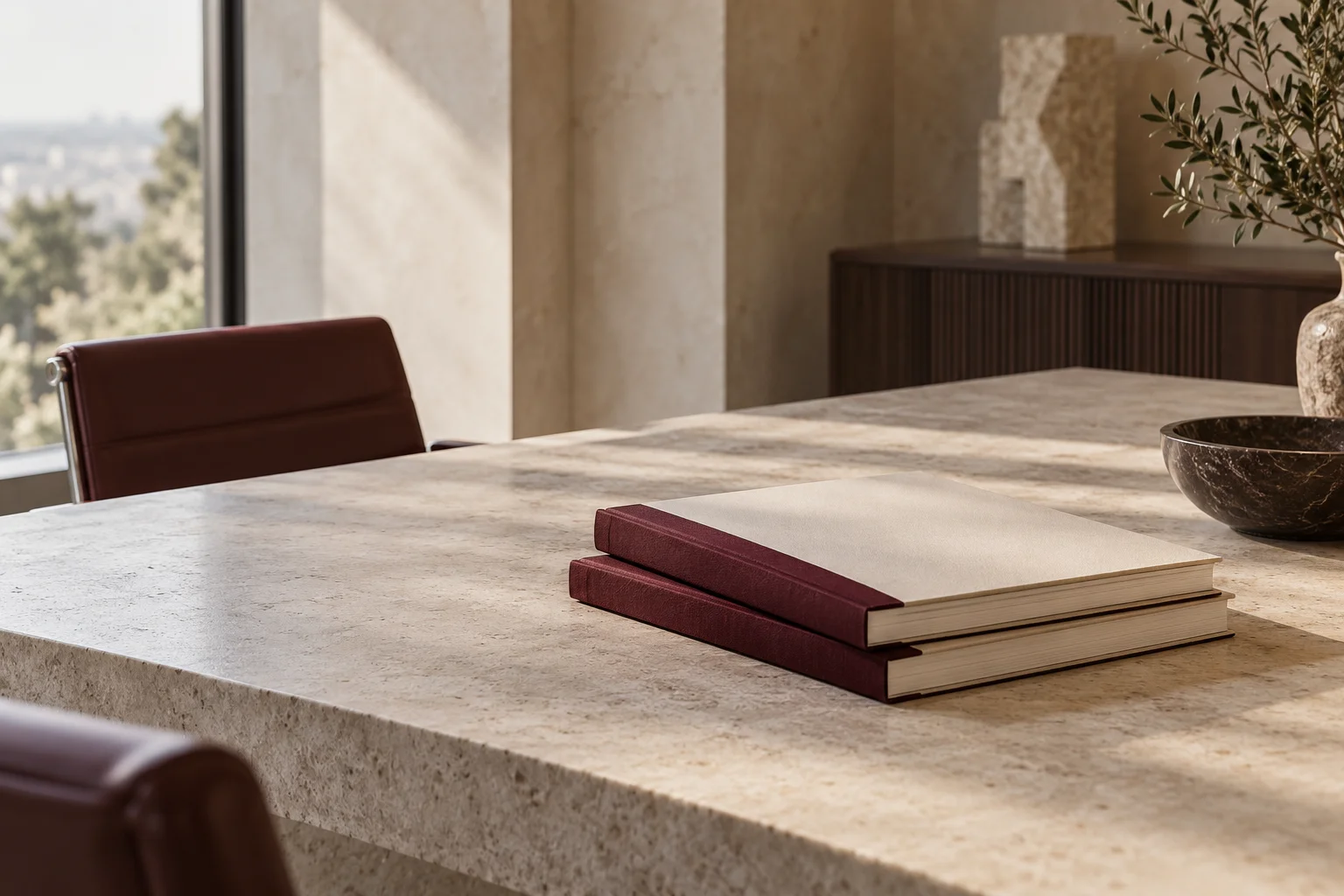Two substantial neatly bound ivory document portfolios with a narrow burgundy cloth spine resting on a large pale stone investment-office table, no writing, quiet deliberate composition.