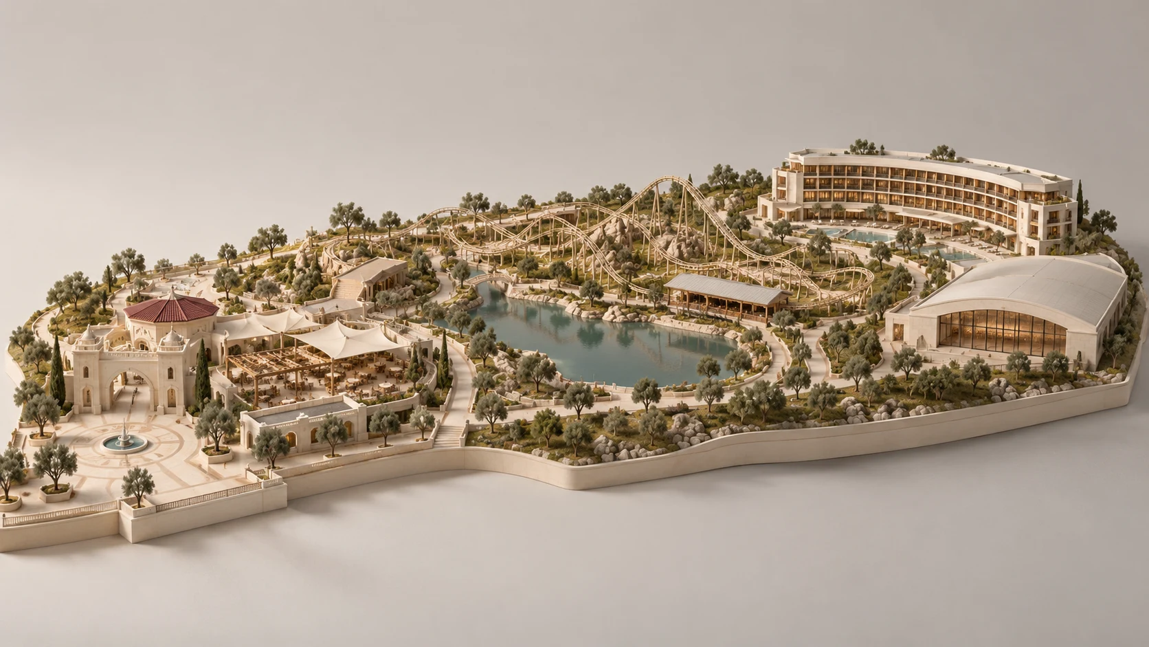 An architectural park model connects attractions, a dining courtyard, landscaped paths and a resort hotel around a shared lagoon.
