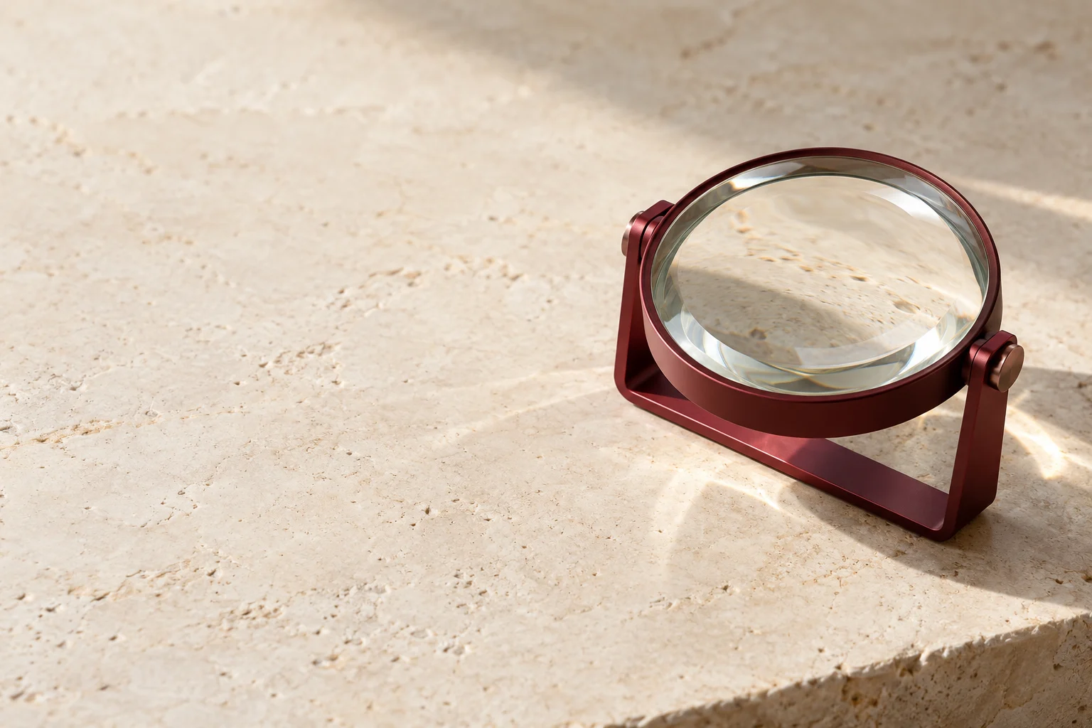 A clear optical lens held in a protective burgundy frame.