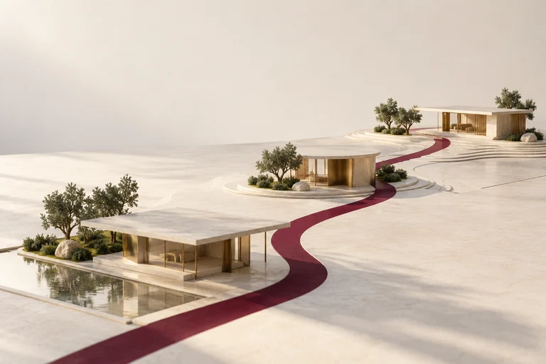A burgundy route connecting three modern pavilions in a pale architectural model.