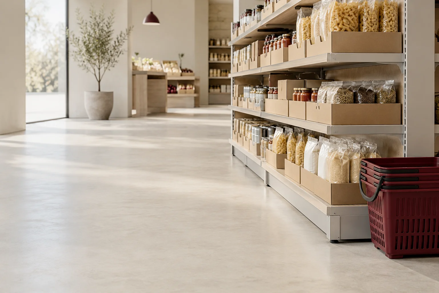 A disciplined grocery-style shelf with plain kraft display cartons and a small burgundy shopping basket at its end, efficient understated retail setting, spacious pale floor, no price tags or logos.