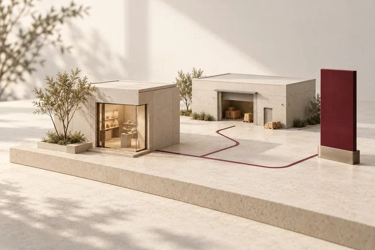 A shop, warehouse and digital storefront model connected on a limestone base.