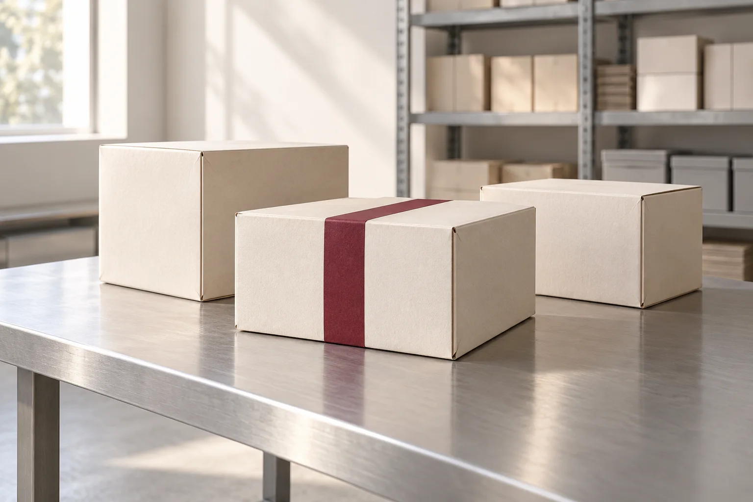 Three plain parcels on a warehouse packing table, one sealed with burgundy tape.