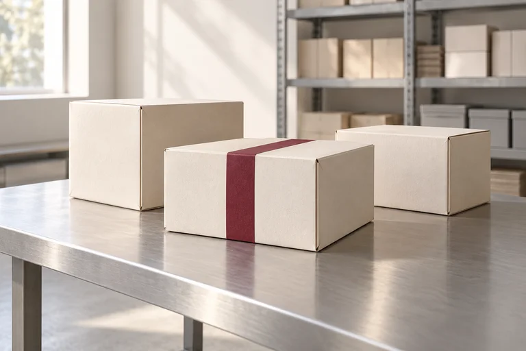 Three plain parcels on a warehouse packing table, one sealed with burgundy tape.