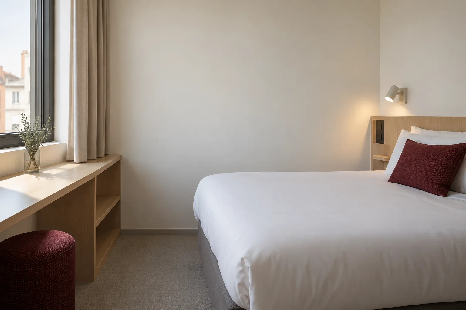 An impeccably clean compact economy hotel room, a simple white bed with functional built-in pale wood shelf and wall reading light, modest burgundy pillow, honest uncomplicated durable materials. Premium photography of an affordable hotel, not a luxury room.