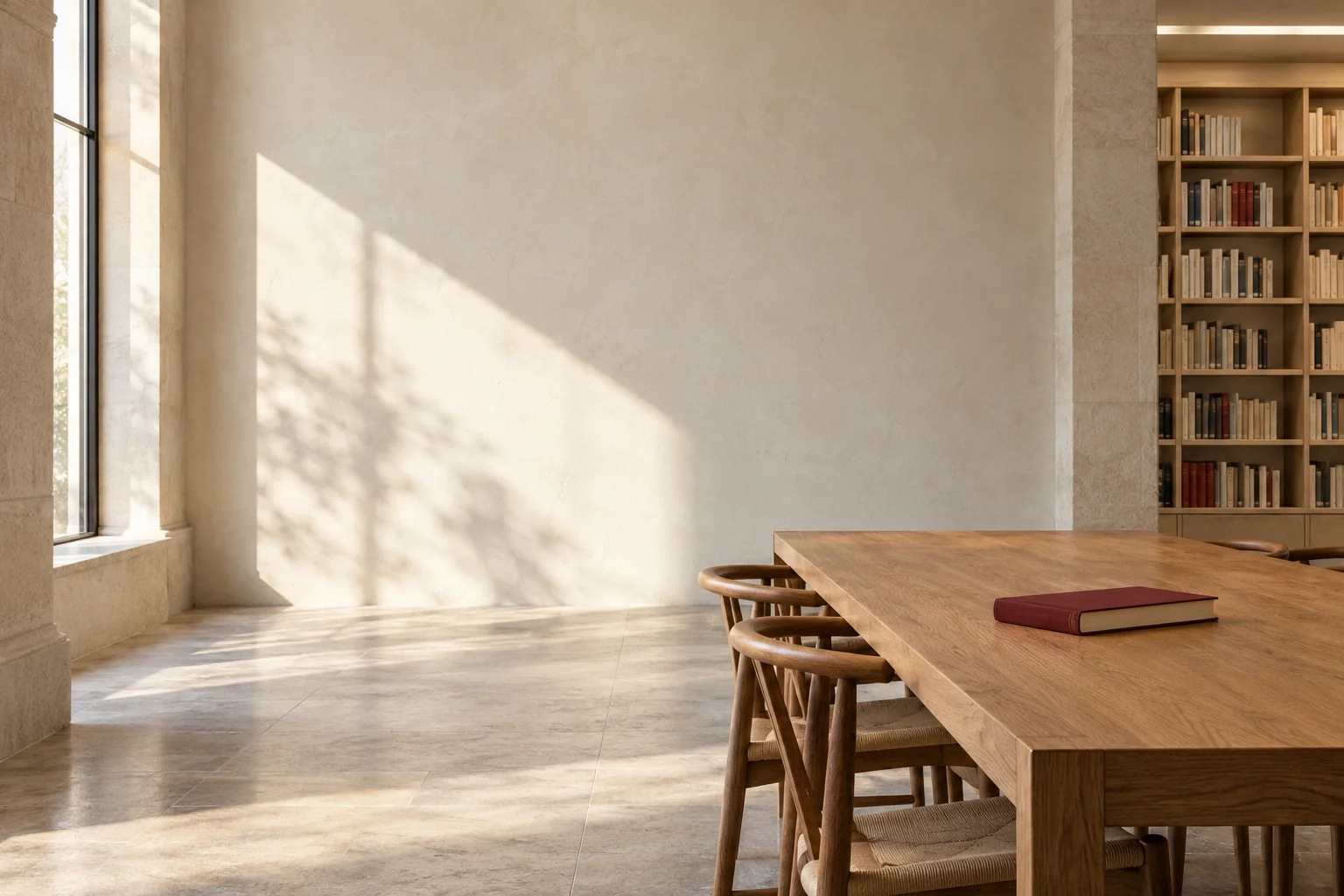 A burgundy book on an oak reading table in a quiet library.