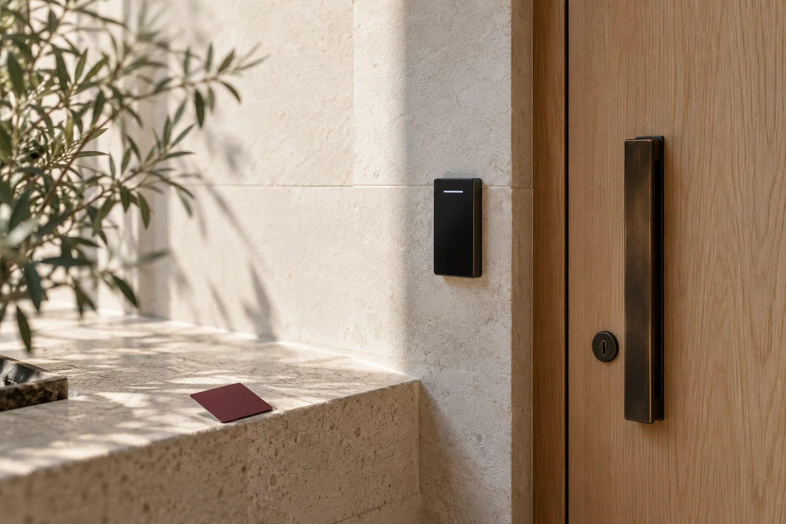 A minimal wall-mounted black electronic access reader beside a pale oak door with a discreet burgundy credential card resting on a stone ledge, realistic secure building hardware.