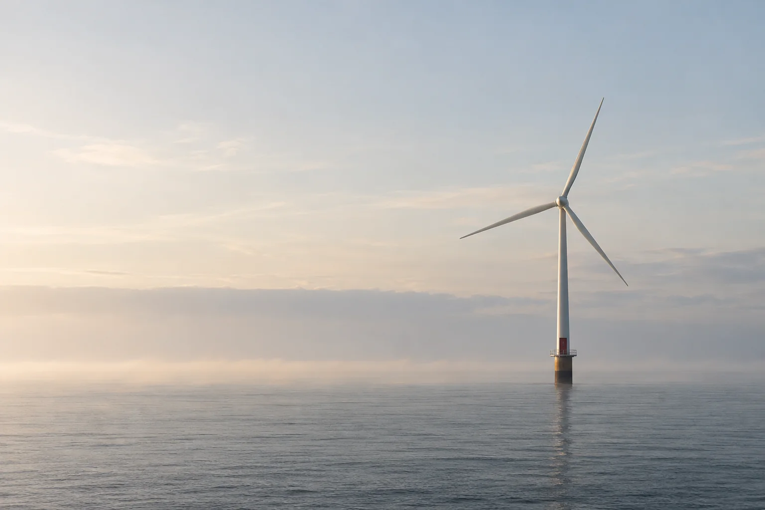 A solitary offshore wind turbine with a burgundy access panel above a calm sea.