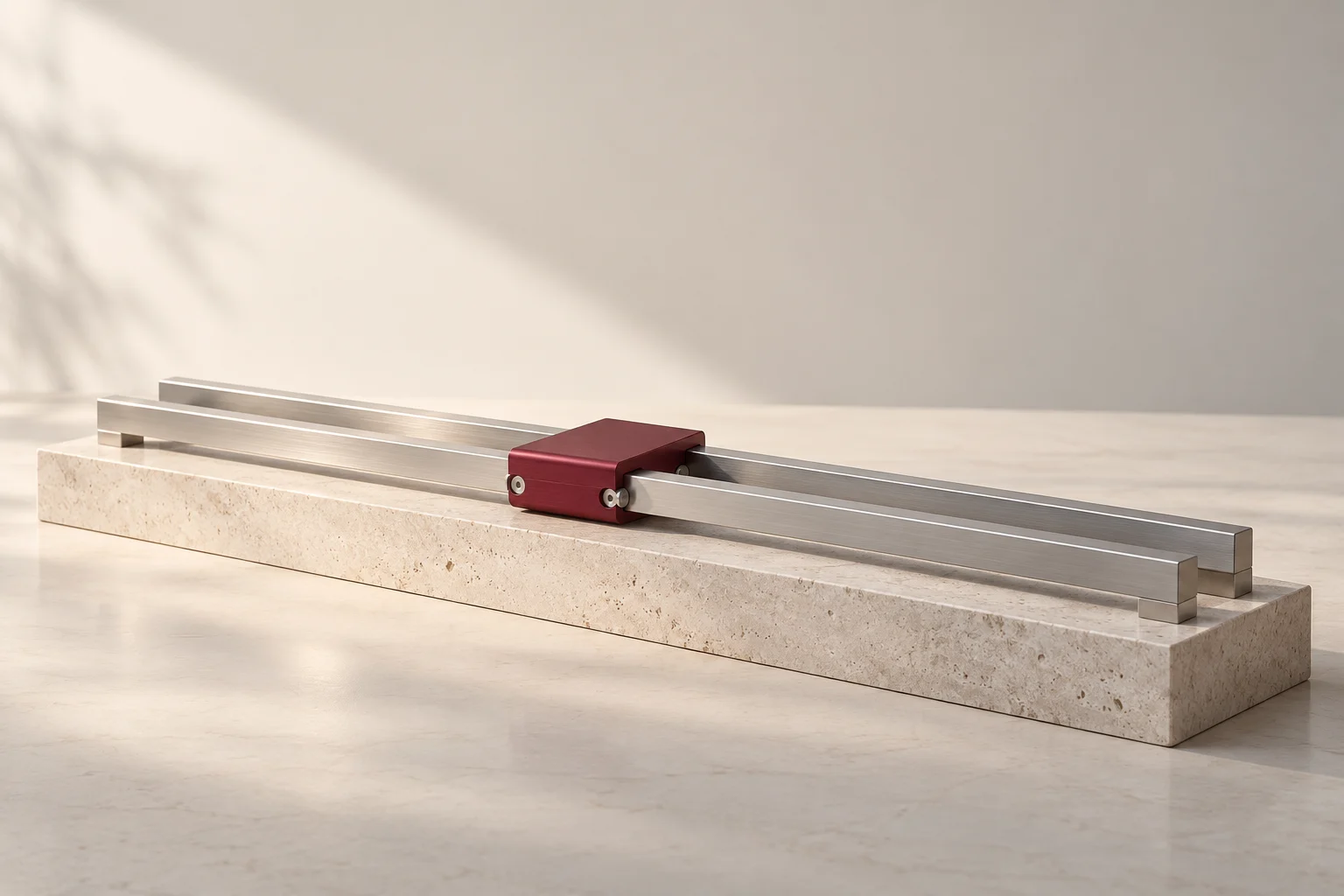 Two parallel brushed-metal rails connected by a burgundy sliding carriage.