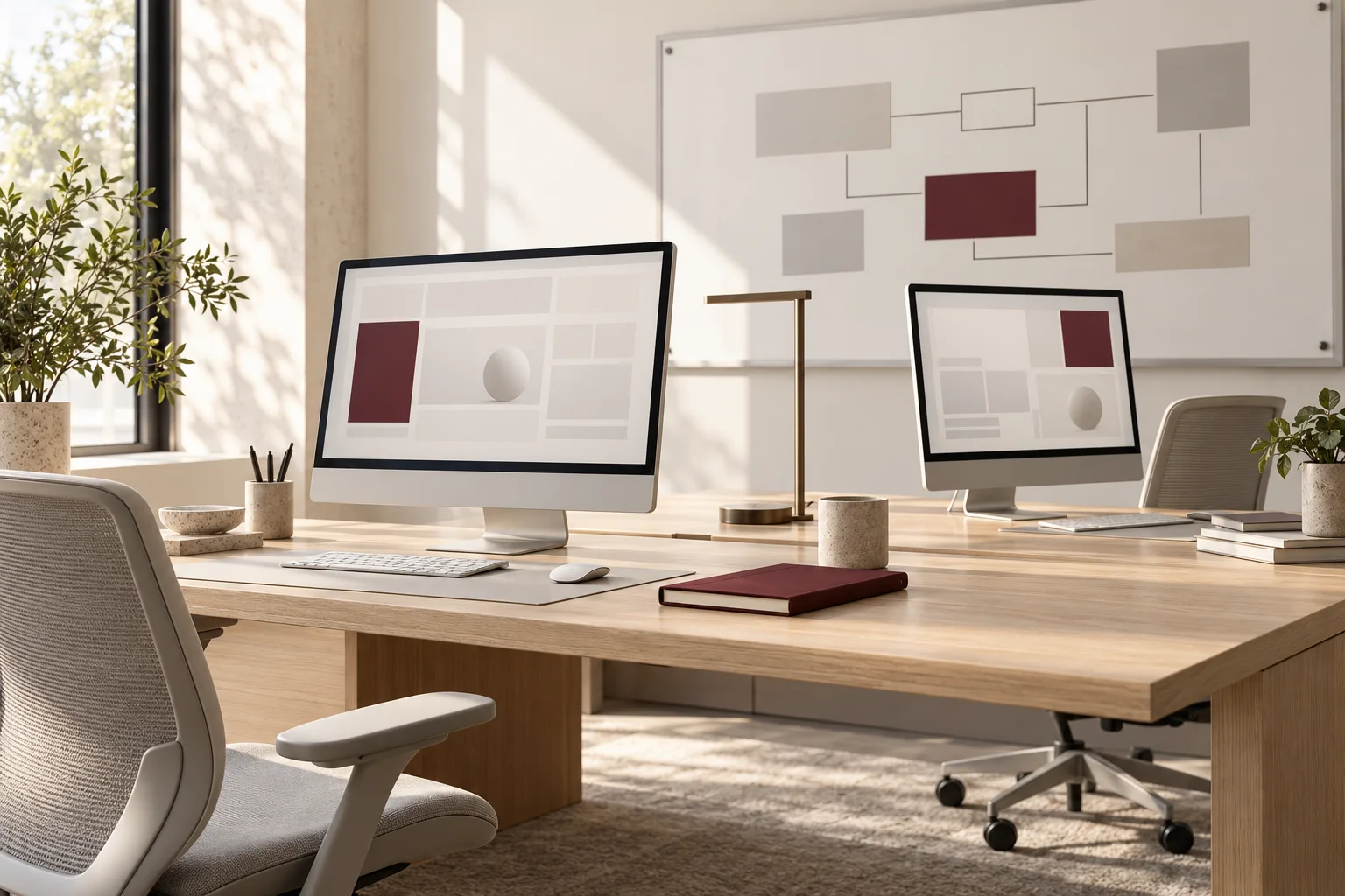 A software workspace with two screens and a modular planning board.
