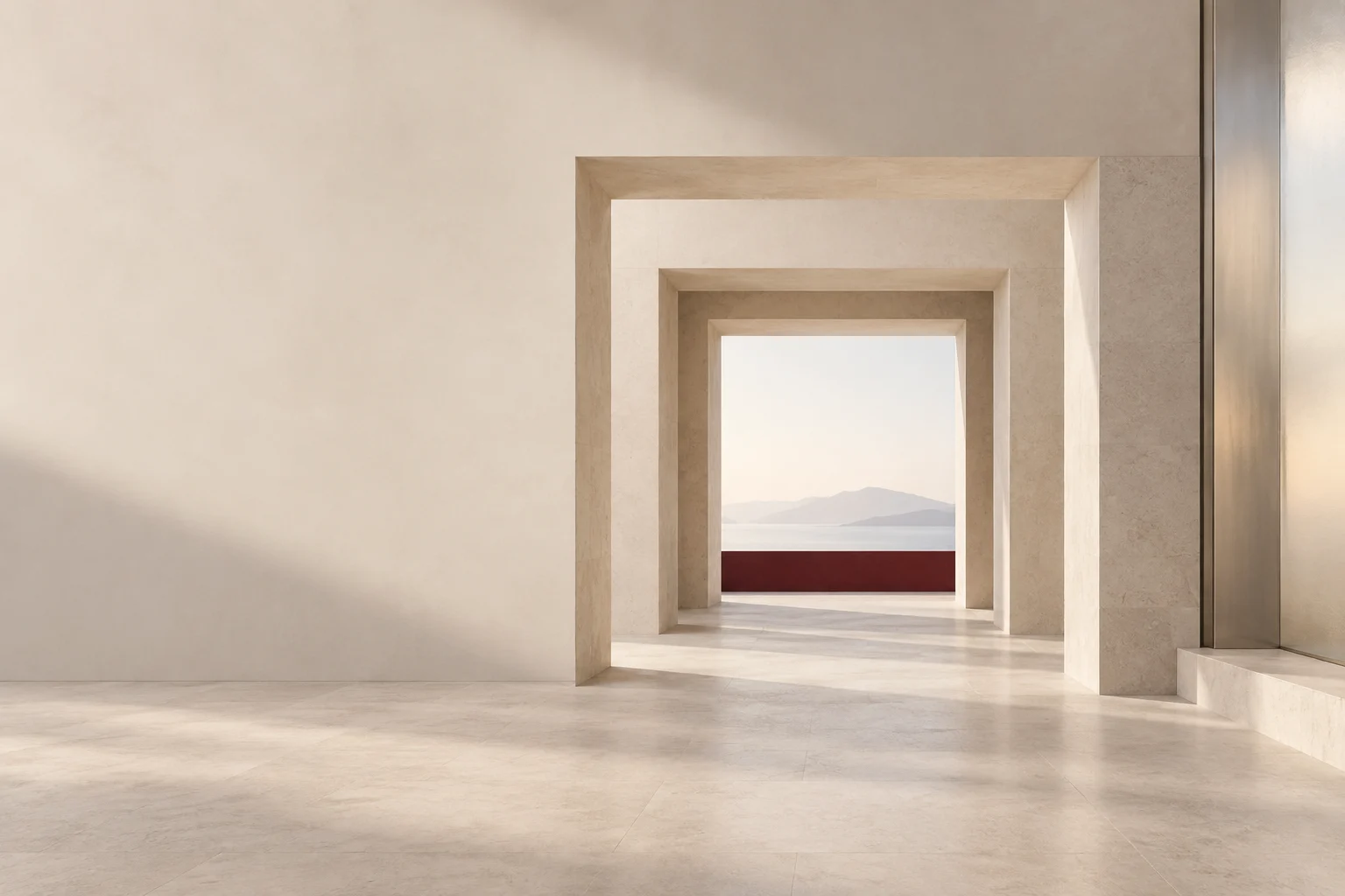 Aligned stone frames lead toward an opening with a burgundy threshold.