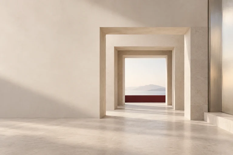 Aligned stone frames lead toward an opening with a burgundy threshold.