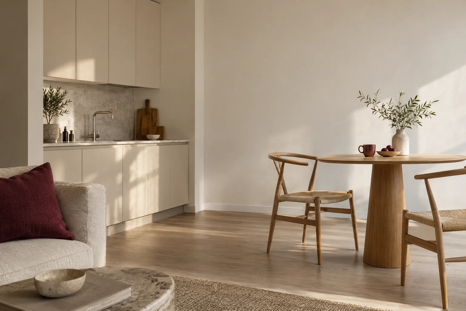 A restrained serviced-apartment corner with a small pale kitchenette and breakfast table, one burgundy ceramic cup, soft daylight and generous empty ivory walls.
