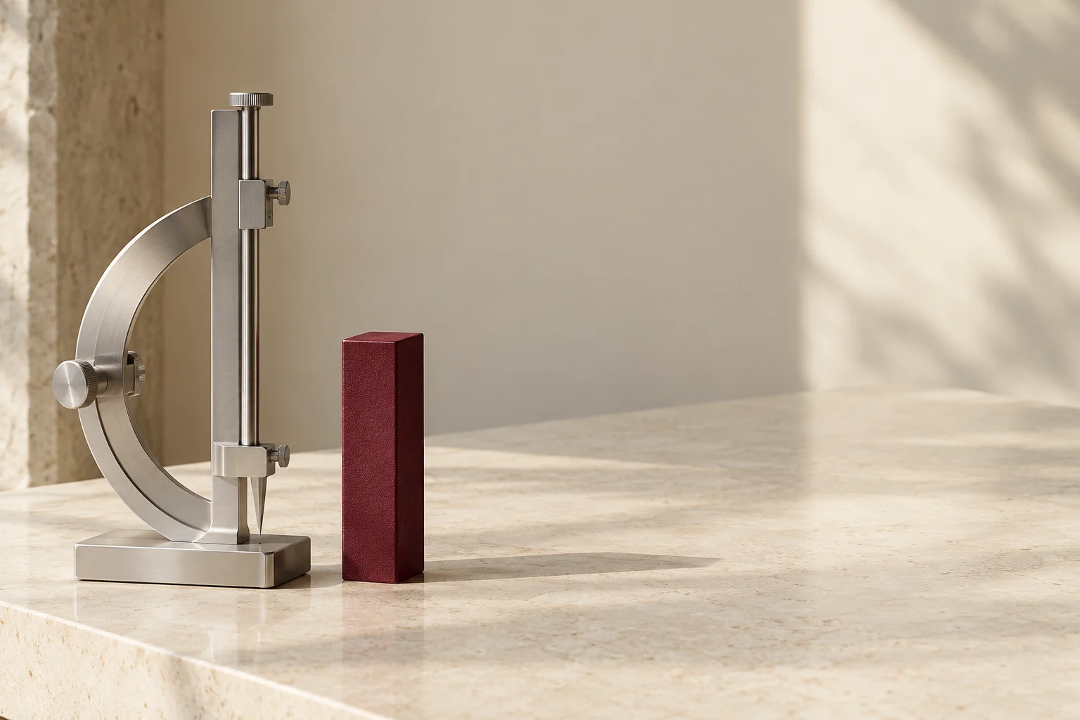 An unmarked precision instrument and a burgundy block on a spacious ivory table.