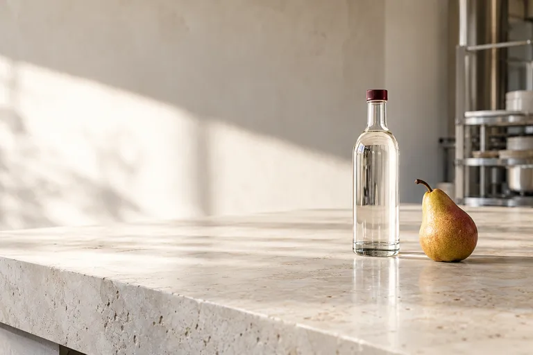 An unlabelled clear glass bottle with a small burgundy cap beside a single ripe pear on a large pale limestone food-production tasting bench, broad soft daylight.