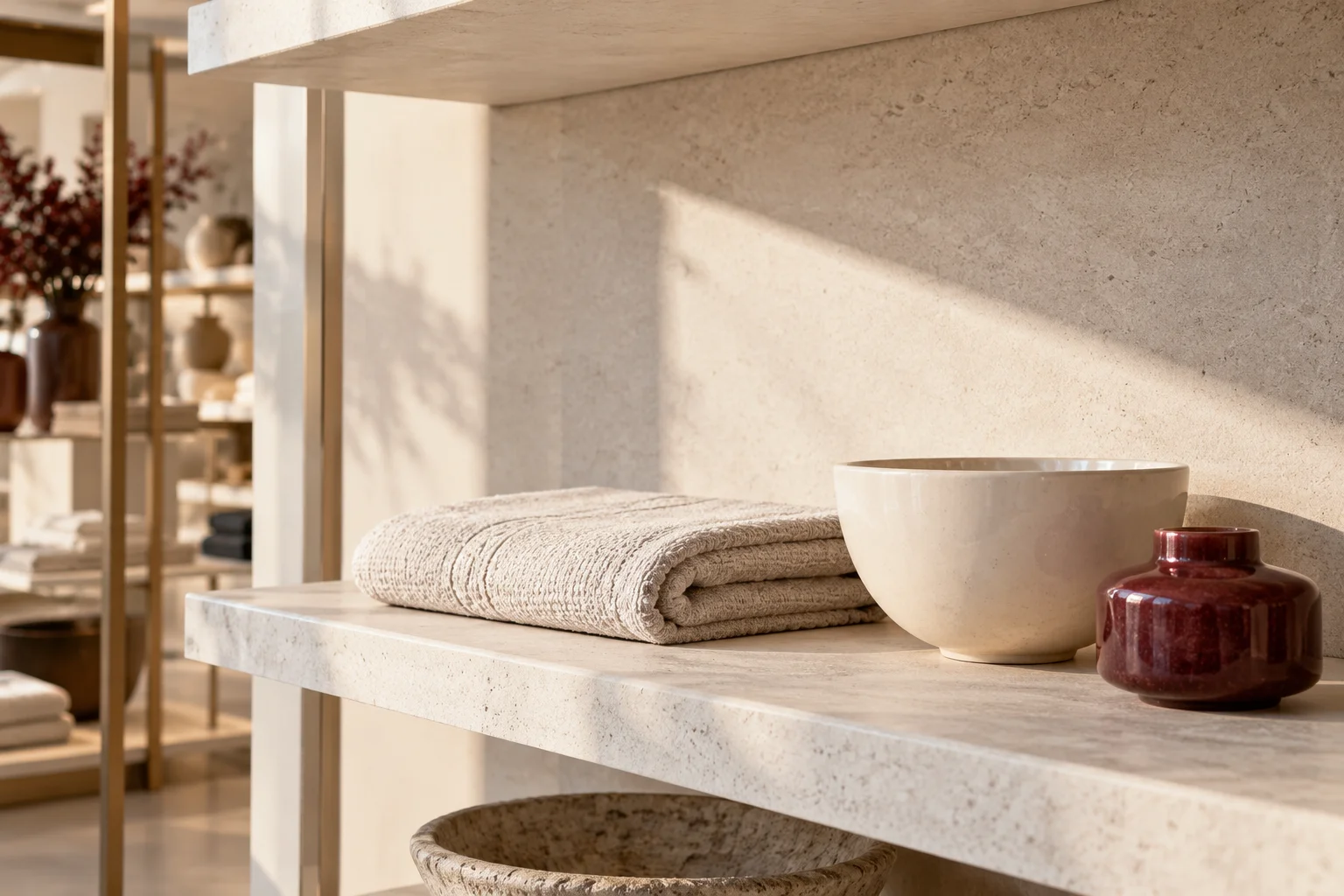 An ordered department-store display of one folded linen towel, an ivory ceramic bowl and a small burgundy home accessory on a broad light shelving bay.