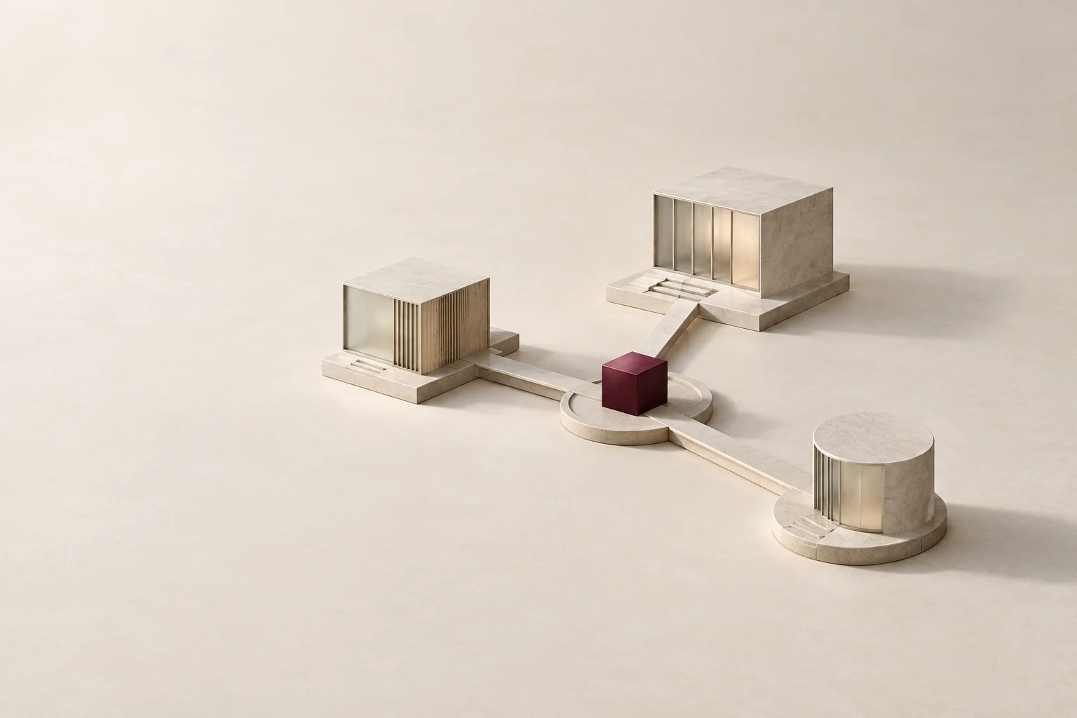 A burgundy central block connects to three distinct architectural destinations.