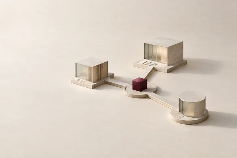A burgundy central block connects to three distinct architectural destinations.