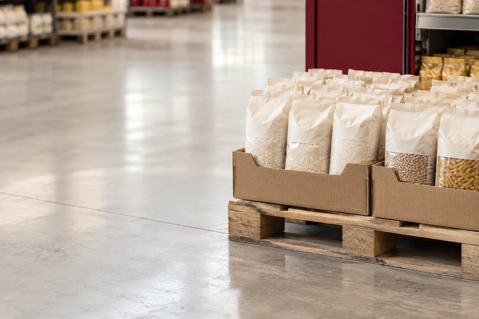 A compact open kraft carton filled with unbranded ivory staple-food packages on a low grocery pallet display, small burgundy shelf-end detail and broad neutral store floor.