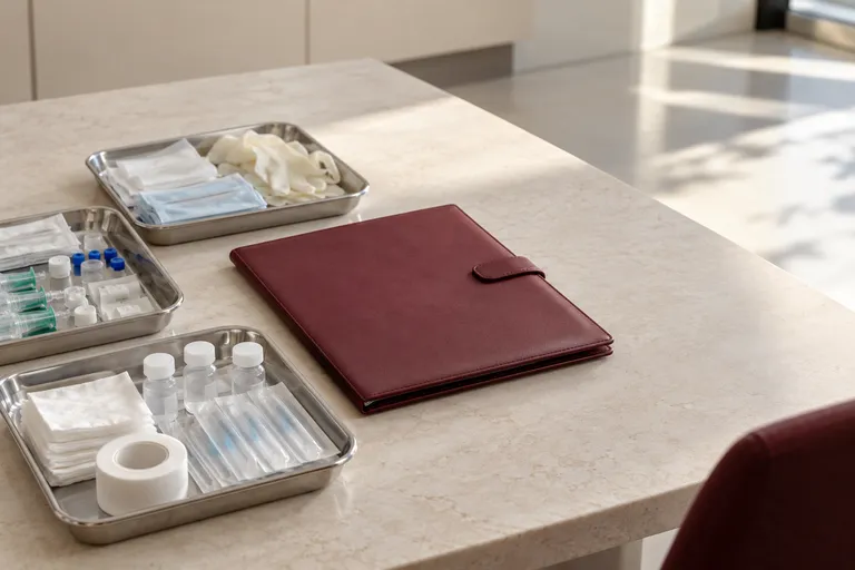 Three small unlabelled clinical supply sample trays arranged around one closed burgundy procurement folio on a broad pale hospital purchasing worktable, no writing or people.