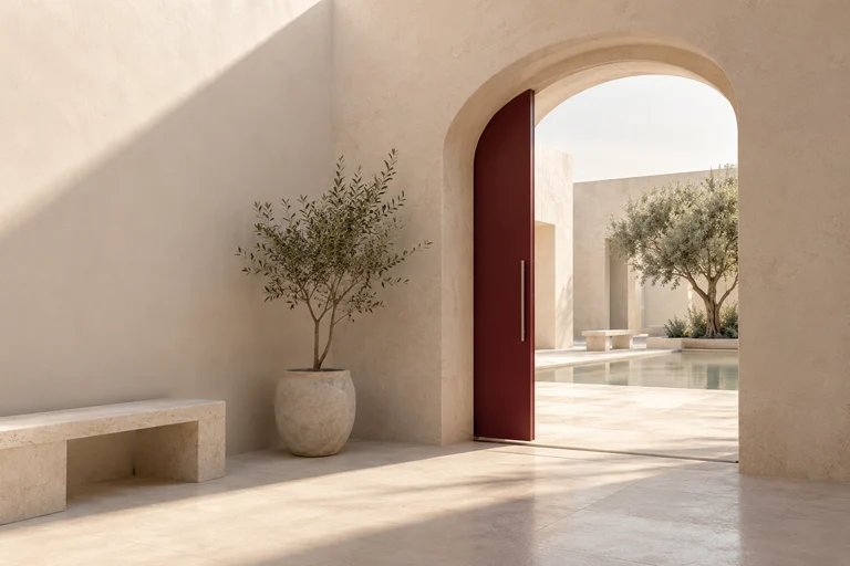 An open burgundy door connects two sunlit stone courtyards.