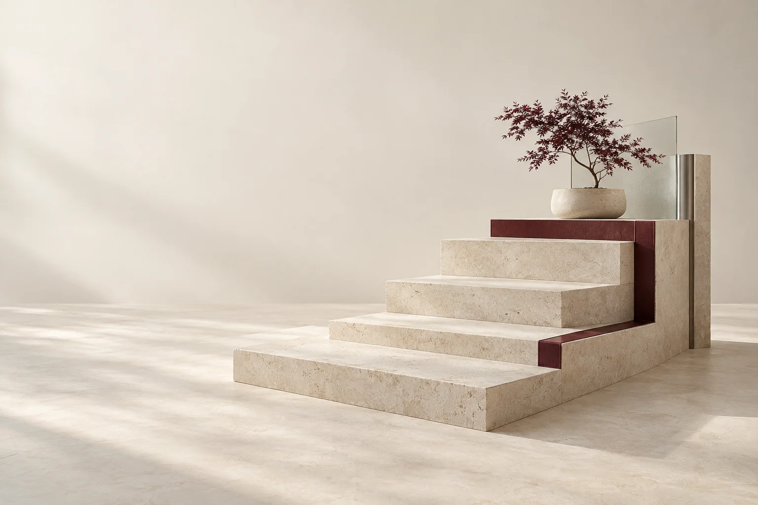 A rising limestone terrace with burgundy edges and a small tree.