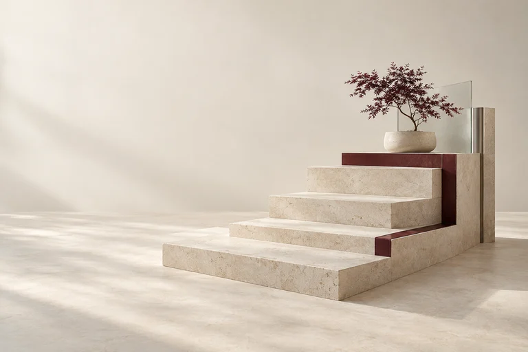 A rising limestone terrace with burgundy edges and a small tree.