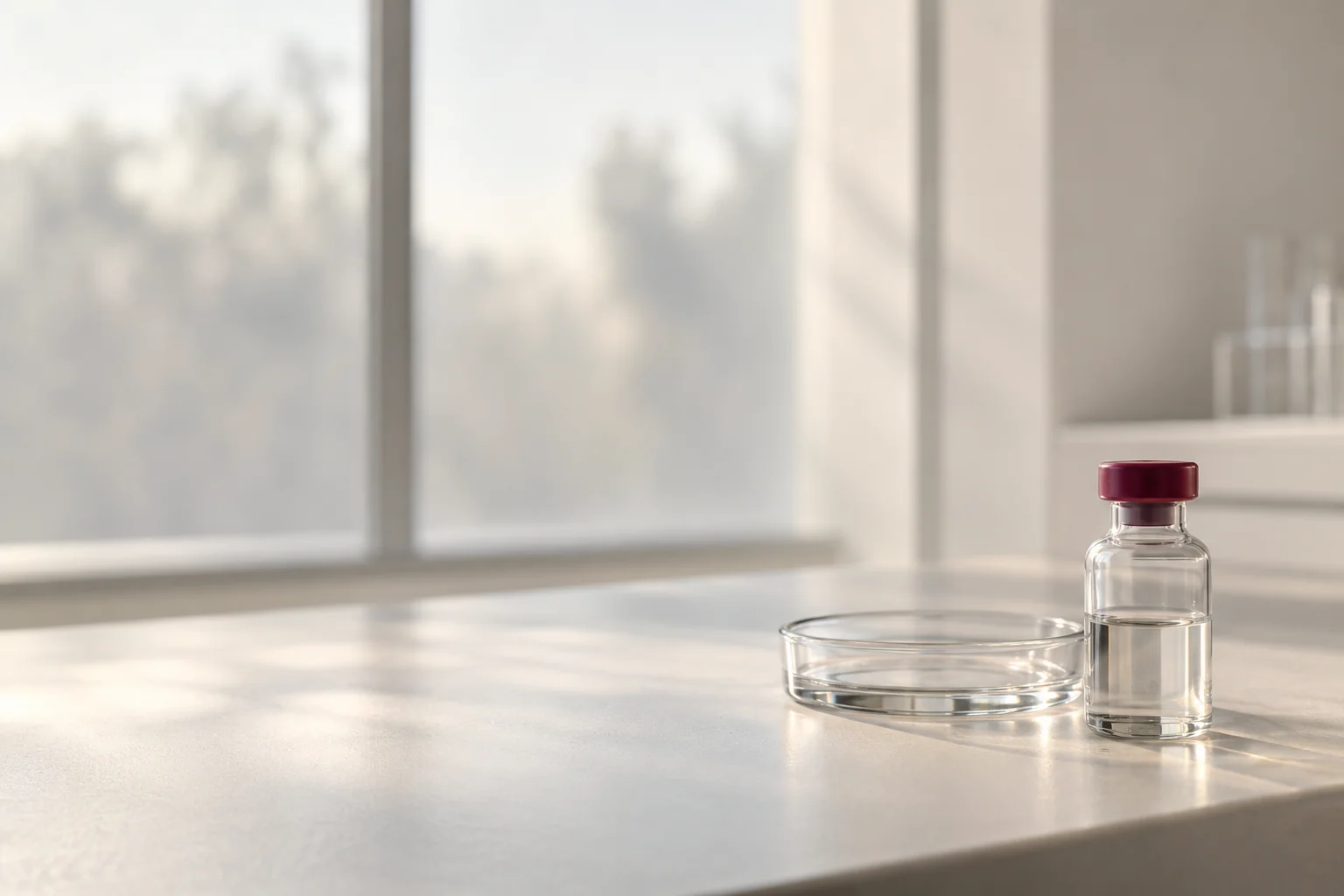 A clear laboratory vial with a burgundy cap and a glass dish in soft daylight.