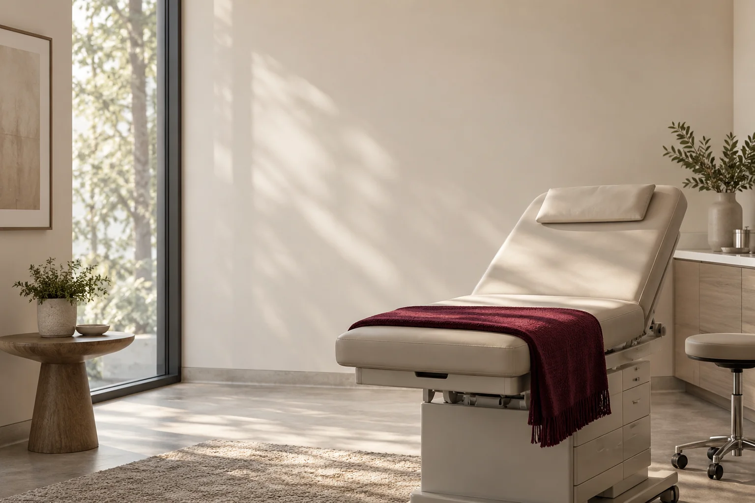 A calm empty healthcare consultation room, one refined pale examination chair with a folded burgundy textile at its foot, broad softly lit ivory wall, no people or medical distress.