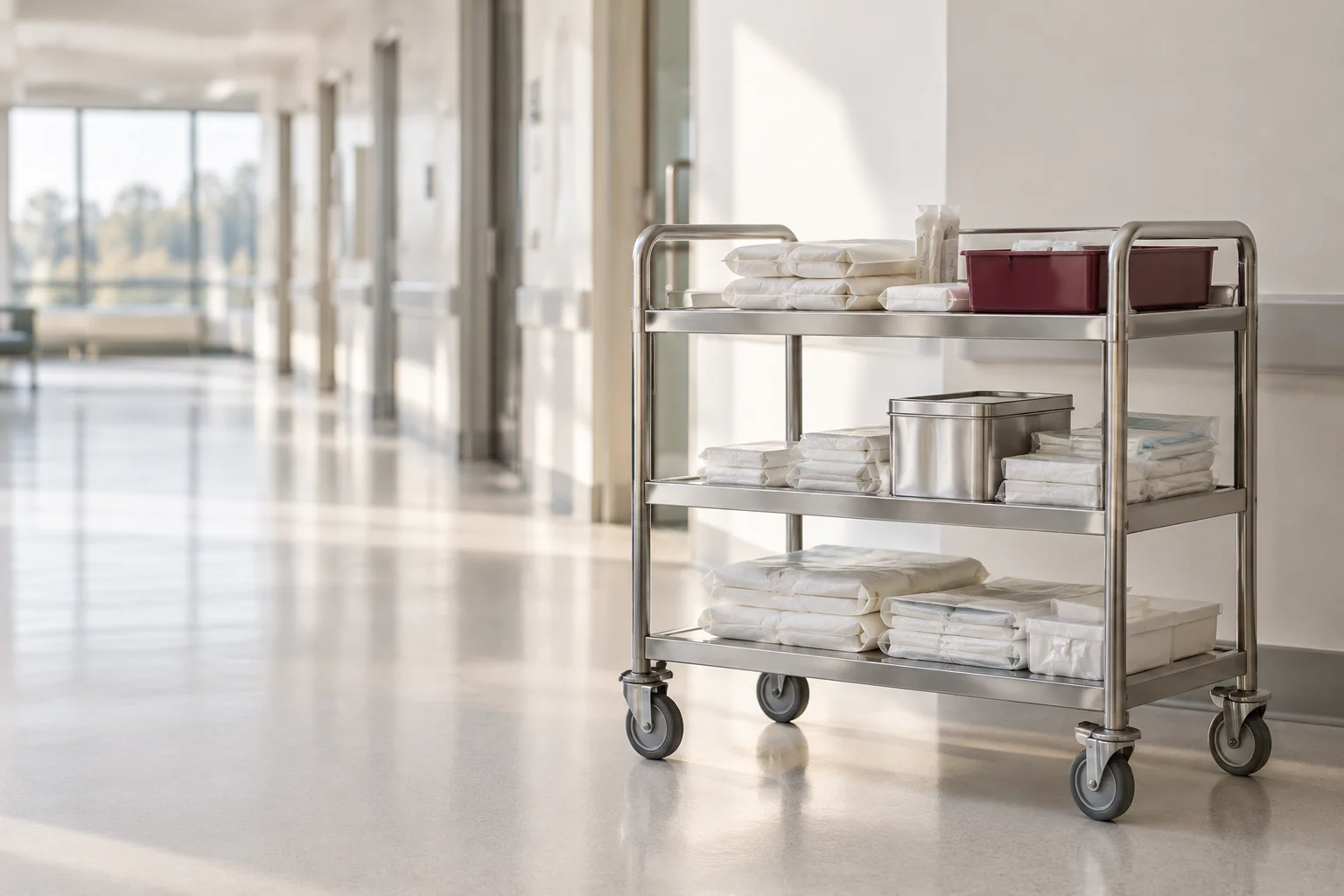 A spotless stainless hospital supply trolley with a few neatly arranged unlabelled ivory sterile packs and one burgundy inventory tray in a wide pale clinical corridor.