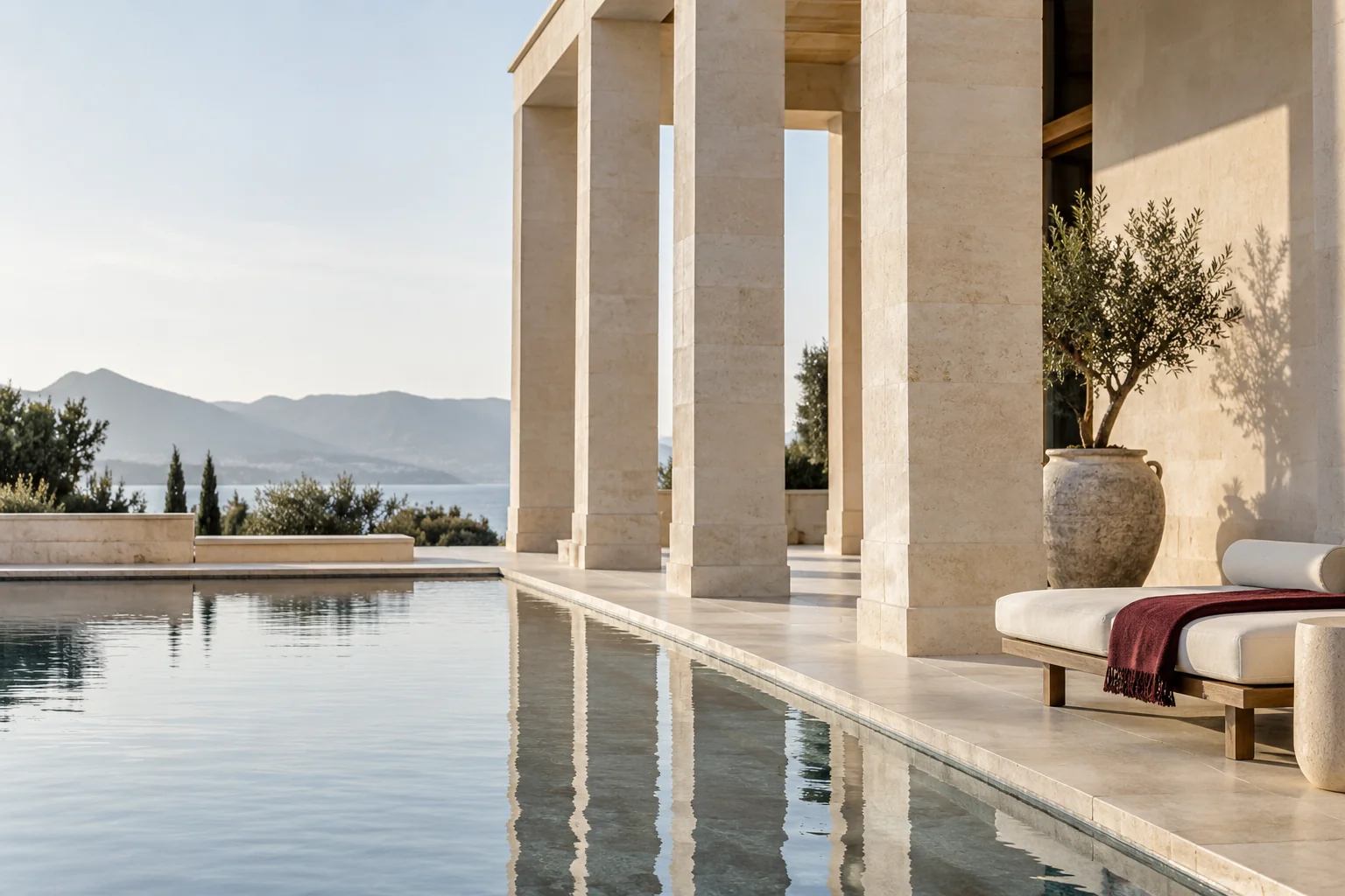 A limestone hotel courtyard, still pool and burgundy textile on a lounge seat.