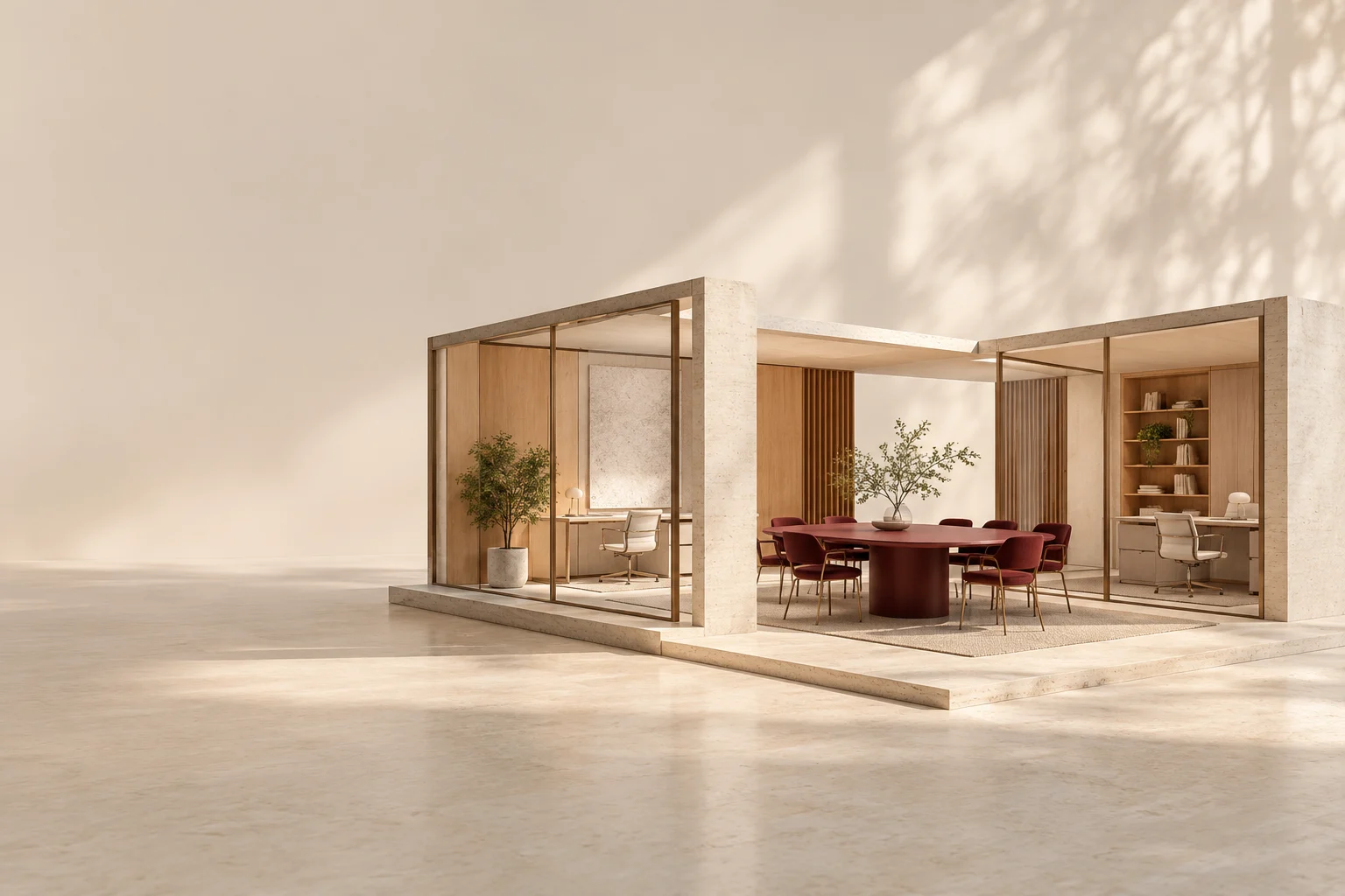 A pale architectural workspace model organized around a burgundy common table.