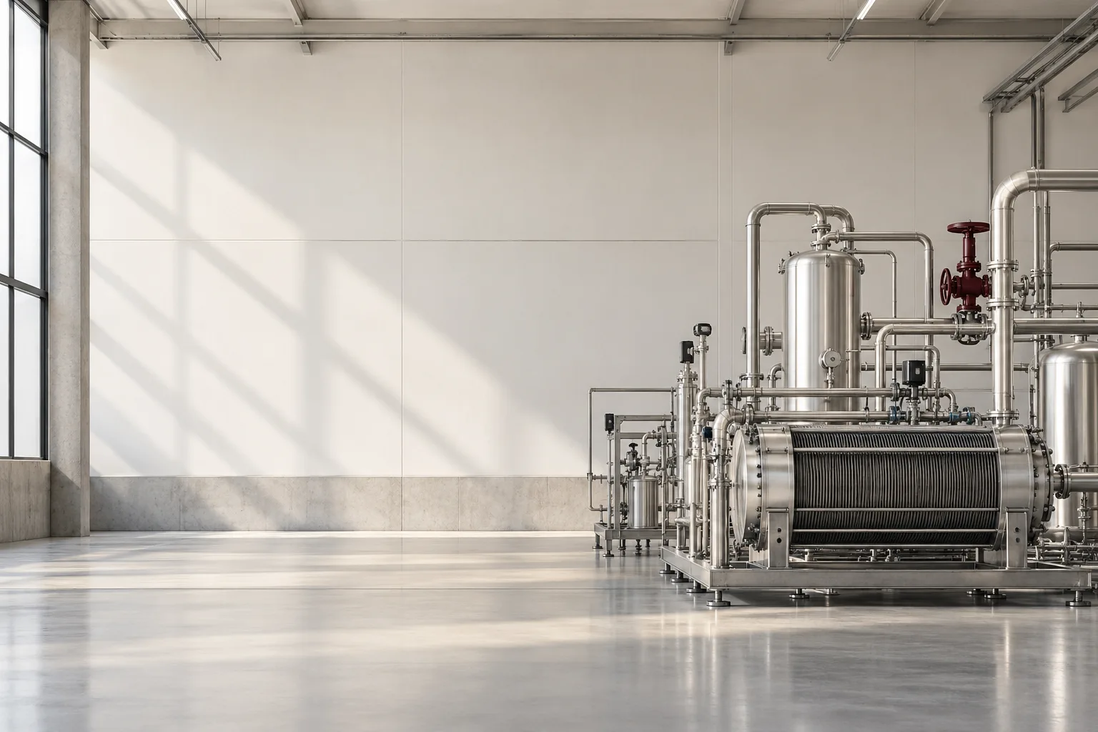 Stainless steel process equipment and a burgundy valve in a spacious hydrogen production hall.