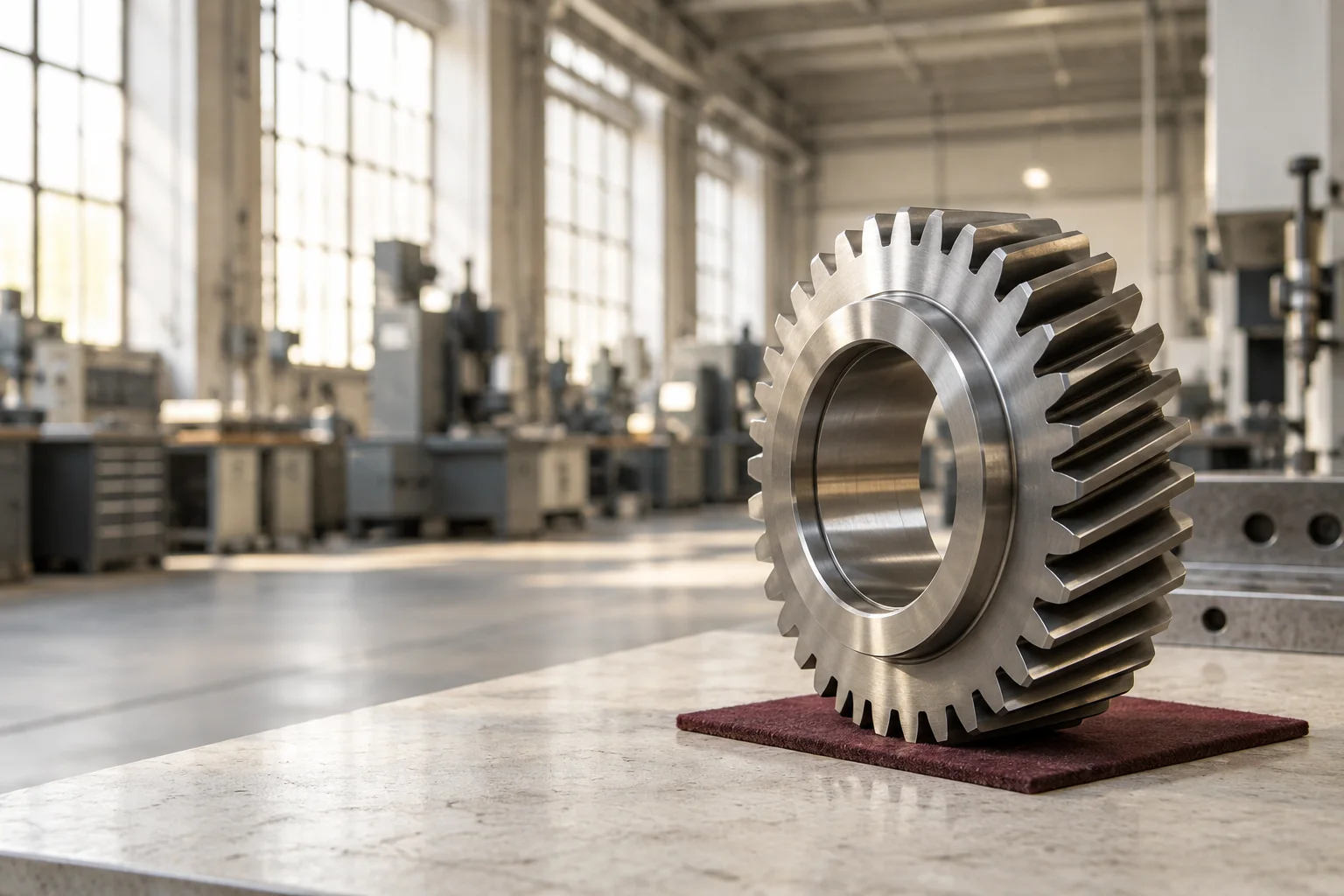 An expertly machined steel industrial gear on a pale engineering inspection surface with one burgundy protective pad, precise tooth geometry, expansive quiet workshop background.